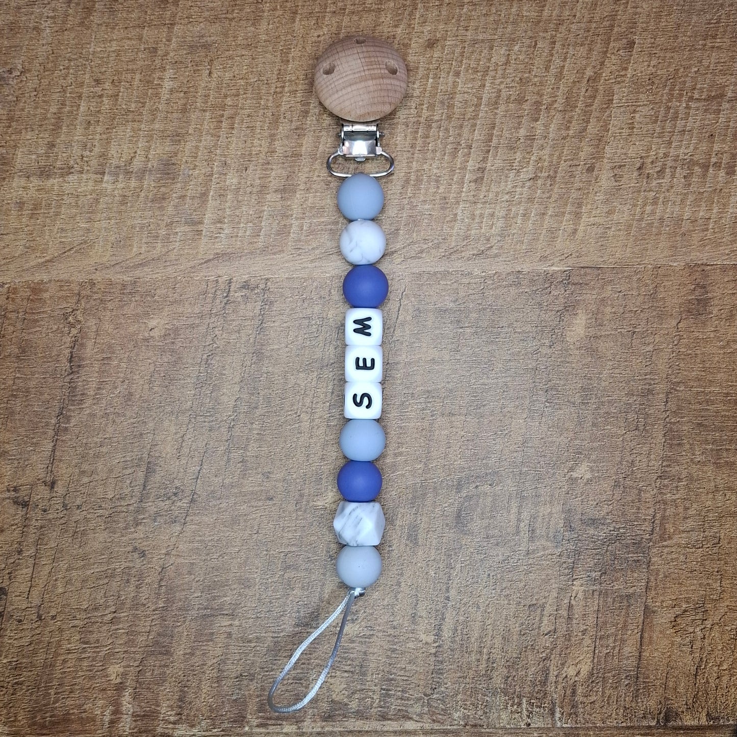 Speenkoord met naam | Blauw-grijs