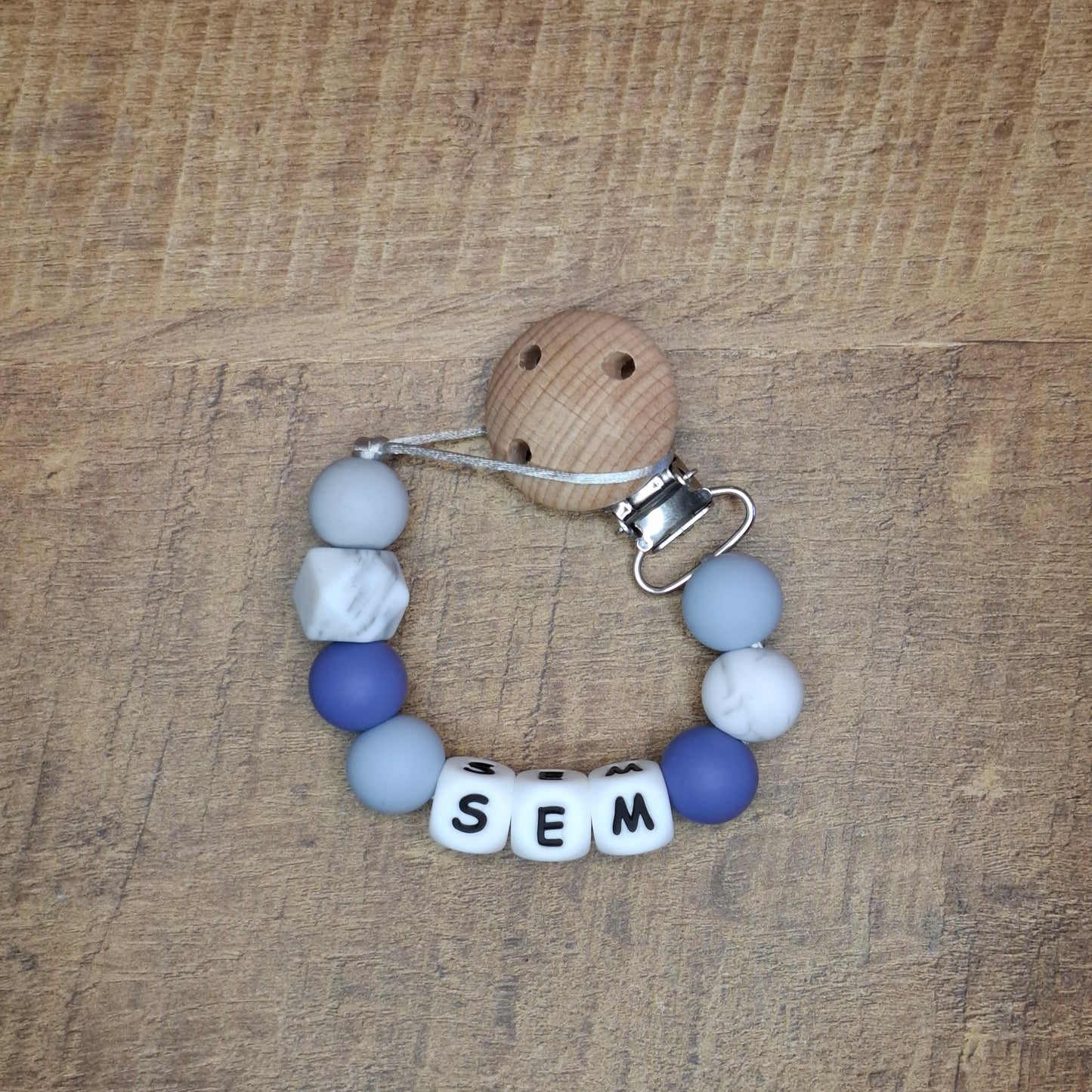 Speenkoord met naam | Blauw-grijs